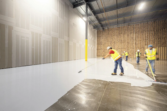 Workers painting a large industrial floor white
